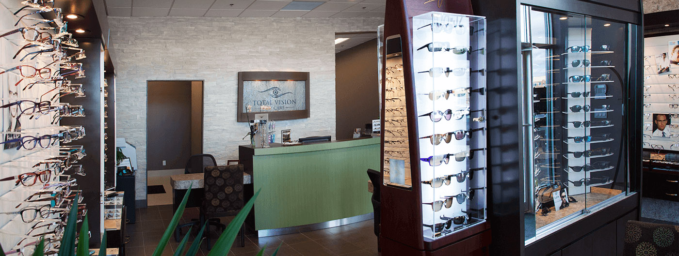 Inside Total Vision Eye Care — frame displays and the reception desk